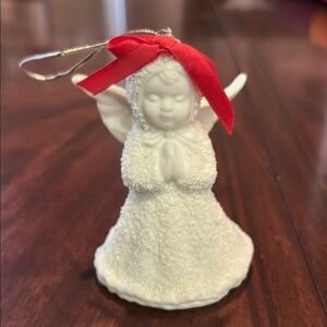 White Angel Ornament with Red Ribbon